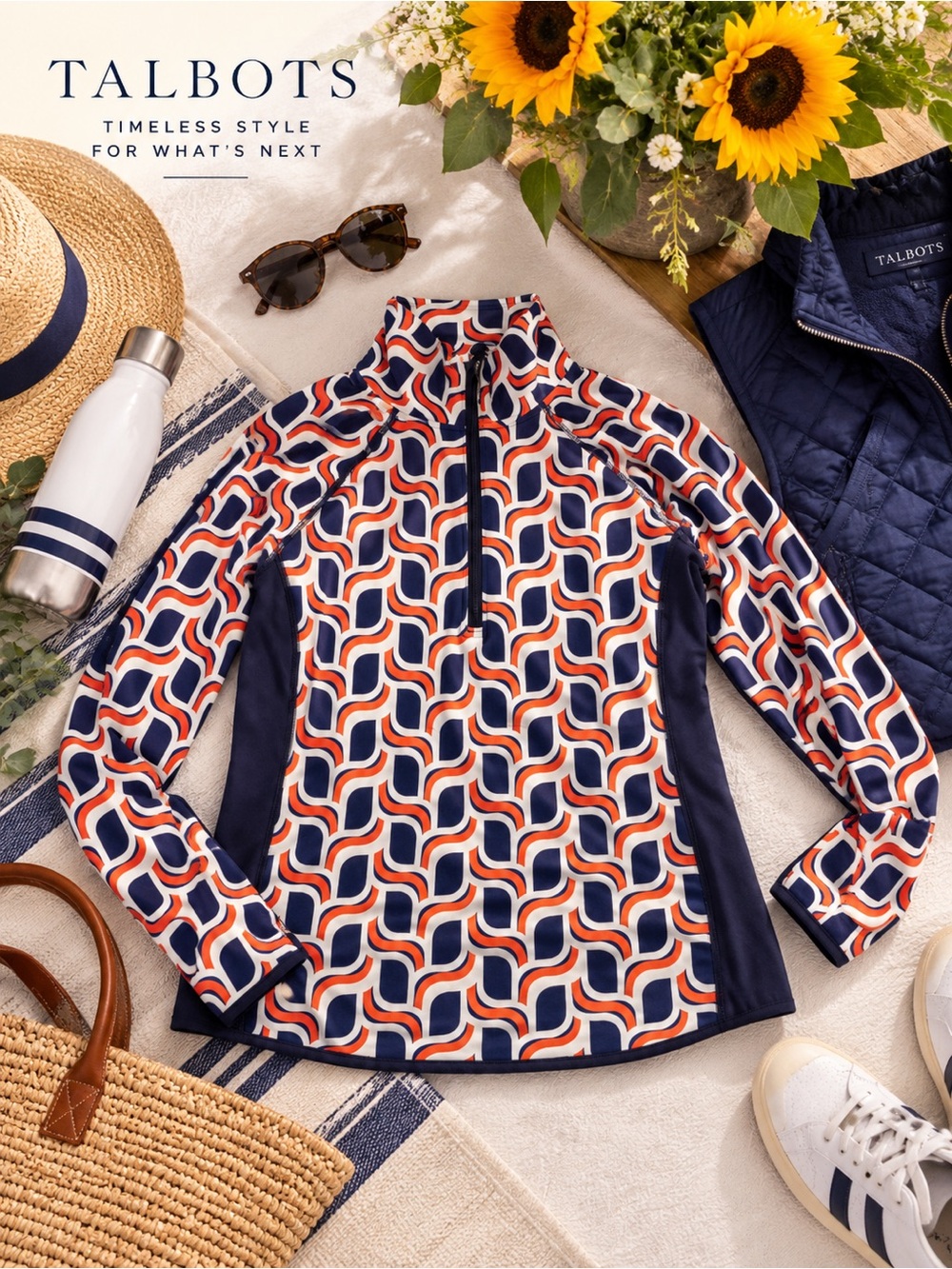 T by Talbots Geometric Quarter Zip Pullover | Navy Orange | S